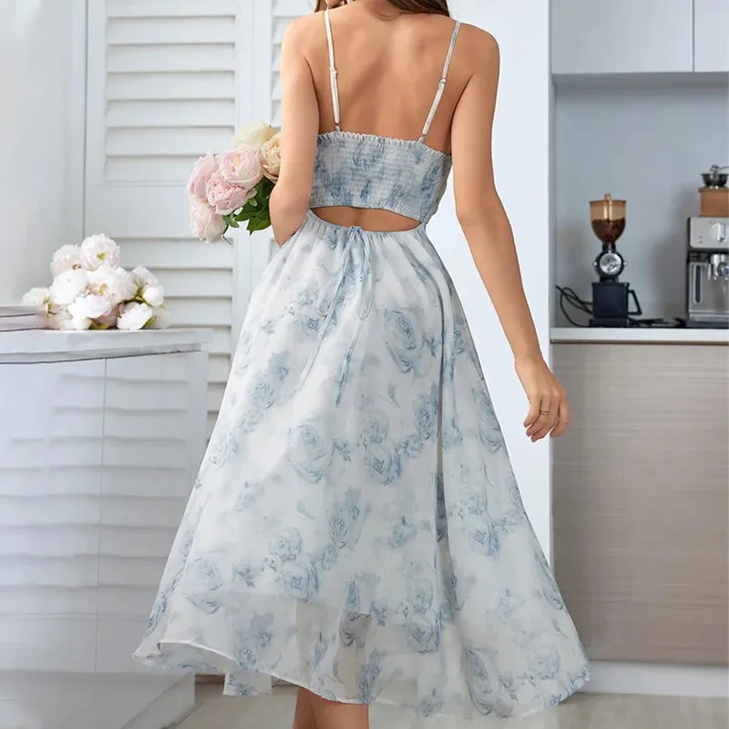 Women's Floral Print Ruched Hollow Back Summer Cami Dress