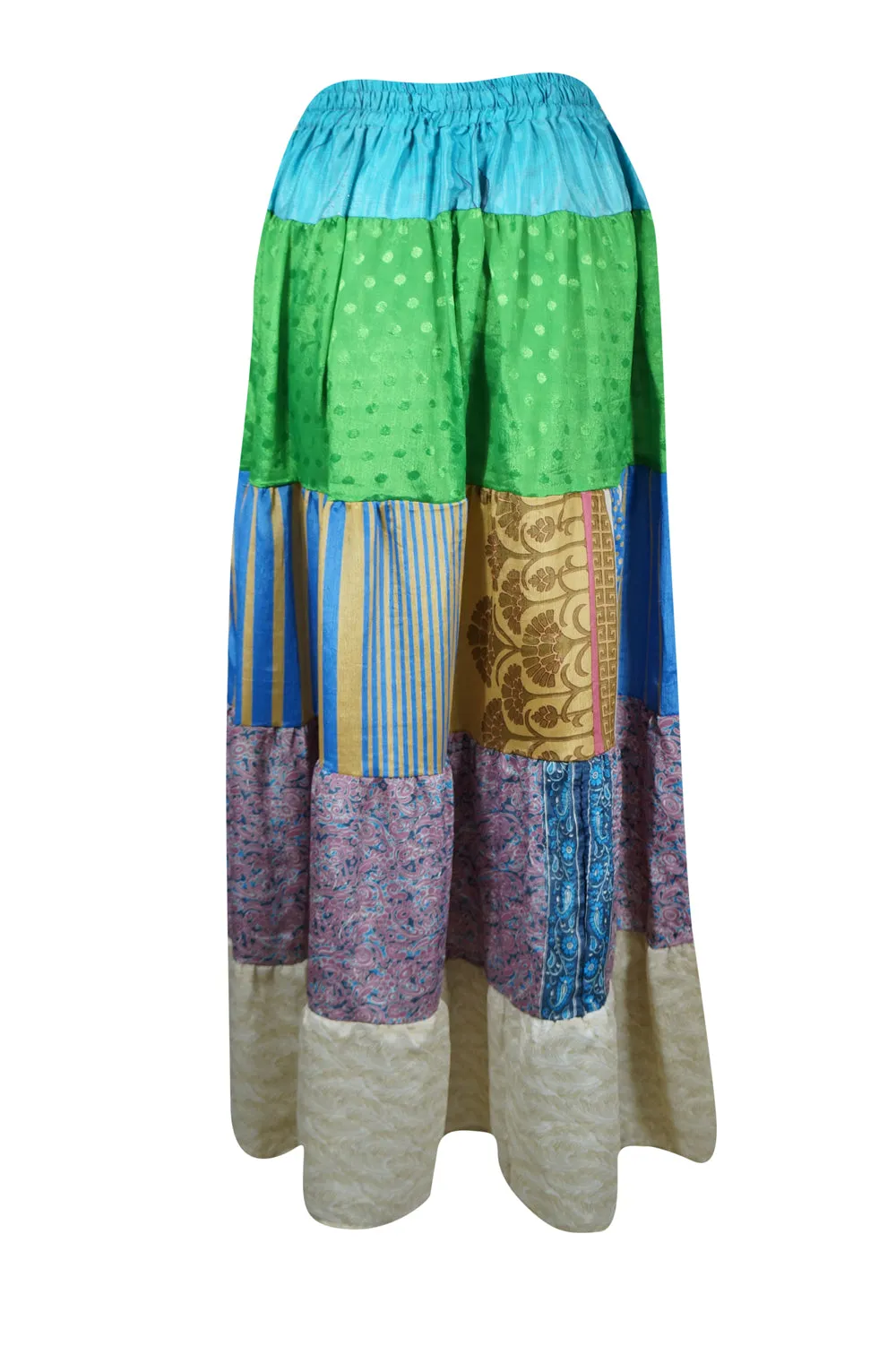 Womens Green Blue Flared Maxi Skirt Patchwork Boho Skirts S/M/L