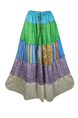Womens Green Blue Flared Maxi Skirt Patchwork Boho Skirts S/M/L