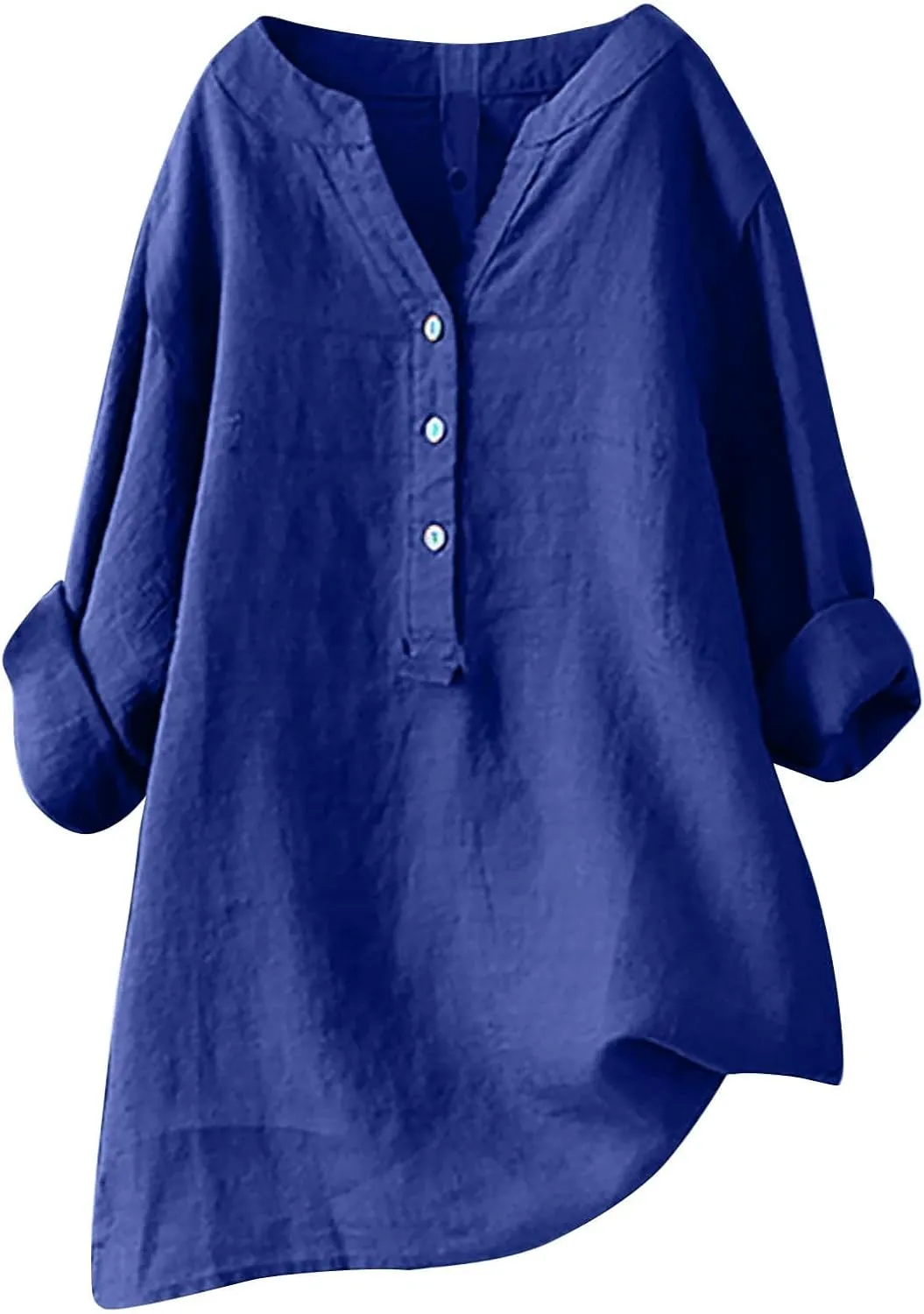 Women's Linen Shirts V Neck Buttons Blouses Floral Oversized Tee Top Short Sleeve Loose Fit Shirt