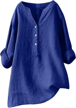 Women's Linen Shirts V Neck Buttons Blouses Floral Oversized Tee Top Short Sleeve Loose Fit Shirt