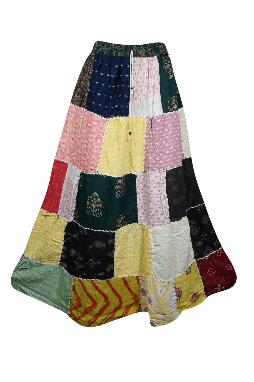 Womens Maxi Skirt Yellow Multi Patchwork Skirts Boho Hippie Skirts S/M