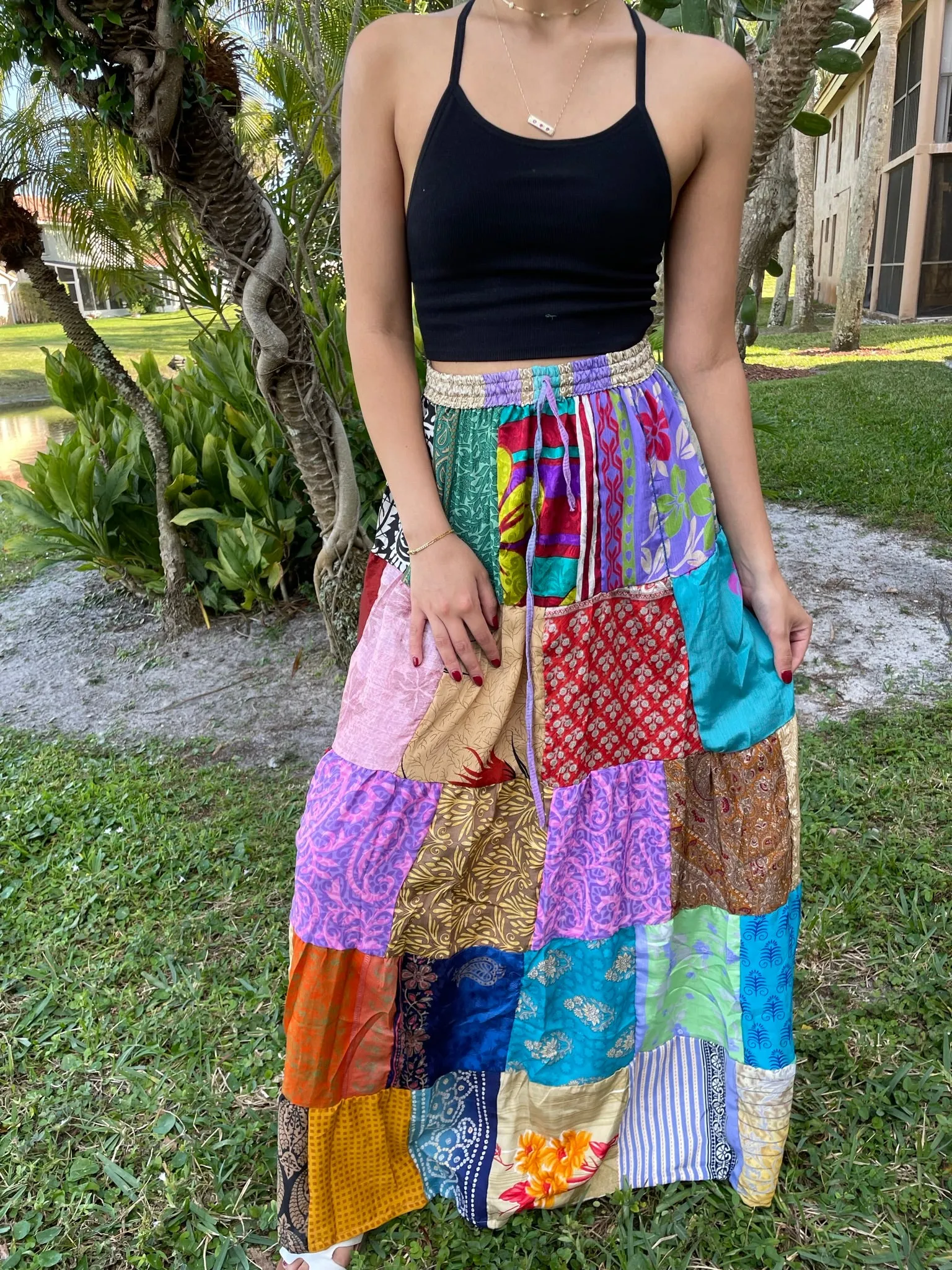 Womens Red Multi Long Flared Maxi Skirt Patchwork Boho Skirts S/M/L
