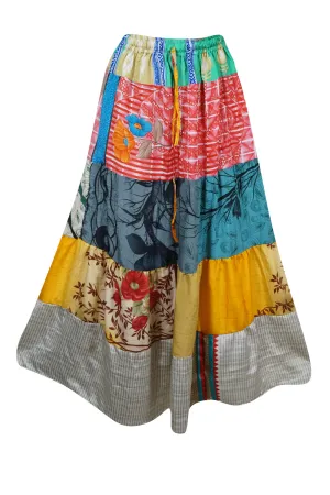 Womens Red Multi Long Flared Maxi Skirt Patchwork Boho Skirts S/M/L