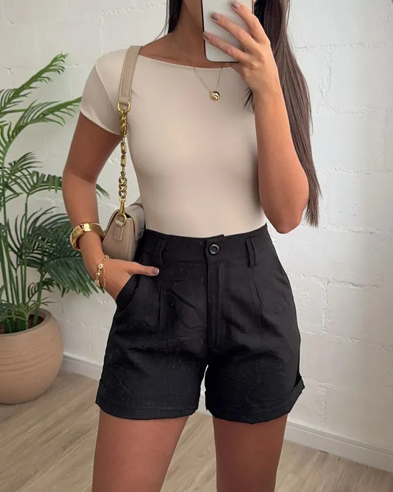 Women's Solid Color Backless Elastic Seamless Skin-Friendly Short Sleeve Top