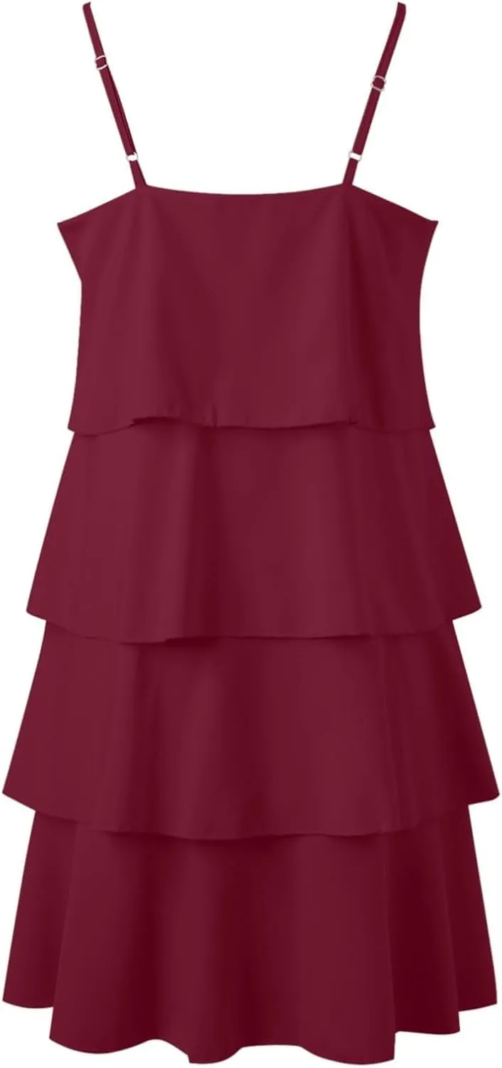 Womens Summer Dresses Square Neck Spaghetti Strap Dress Casual Sleeveless Tiered Aline Dress Flowy Ruffle Mini Dress