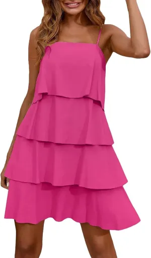 Womens Summer Dresses Square Neck Spaghetti Strap Dress Casual Sleeveless Tiered Aline Dress Flowy Ruffle Mini Dress