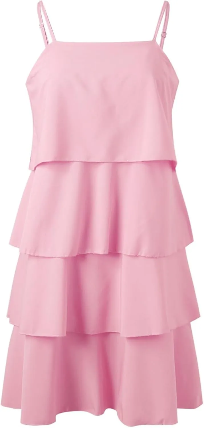 Womens Summer Dresses Square Neck Spaghetti Strap Dress Casual Sleeveless Tiered Aline Dress Flowy Ruffle Mini Dress