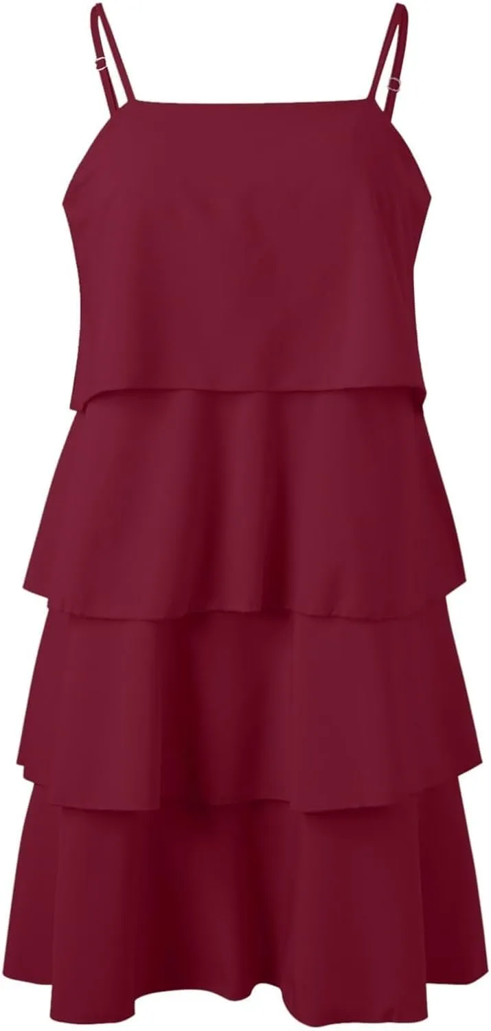 Womens Summer Dresses Square Neck Spaghetti Strap Dress Casual Sleeveless Tiered Aline Dress Flowy Ruffle Mini Dress