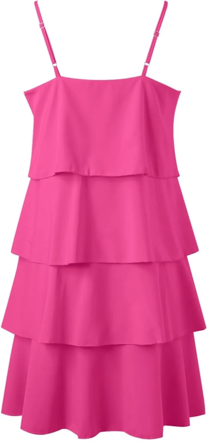 Womens Summer Dresses Square Neck Spaghetti Strap Dress Casual Sleeveless Tiered Aline Dress Flowy Ruffle Mini Dress