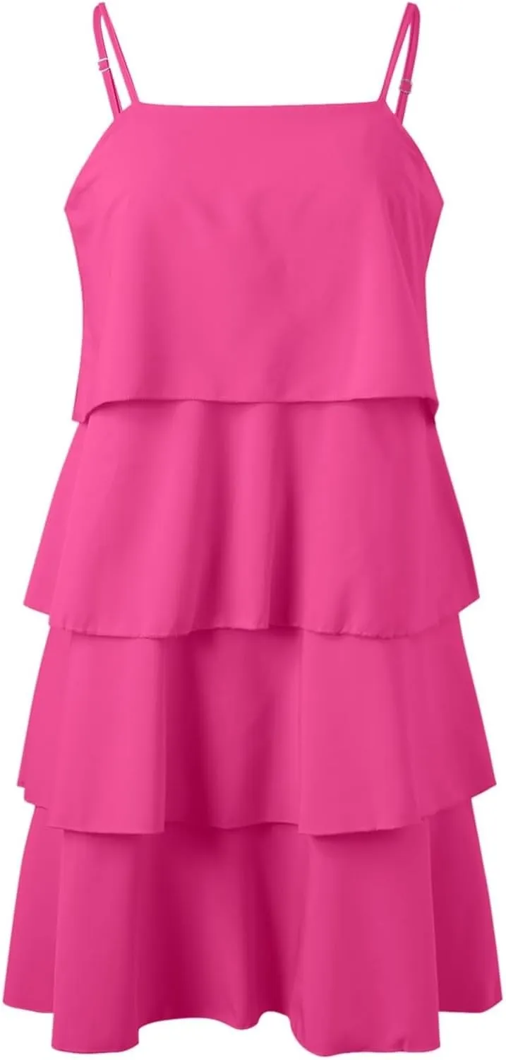 Womens Summer Dresses Square Neck Spaghetti Strap Dress Casual Sleeveless Tiered Aline Dress Flowy Ruffle Mini Dress