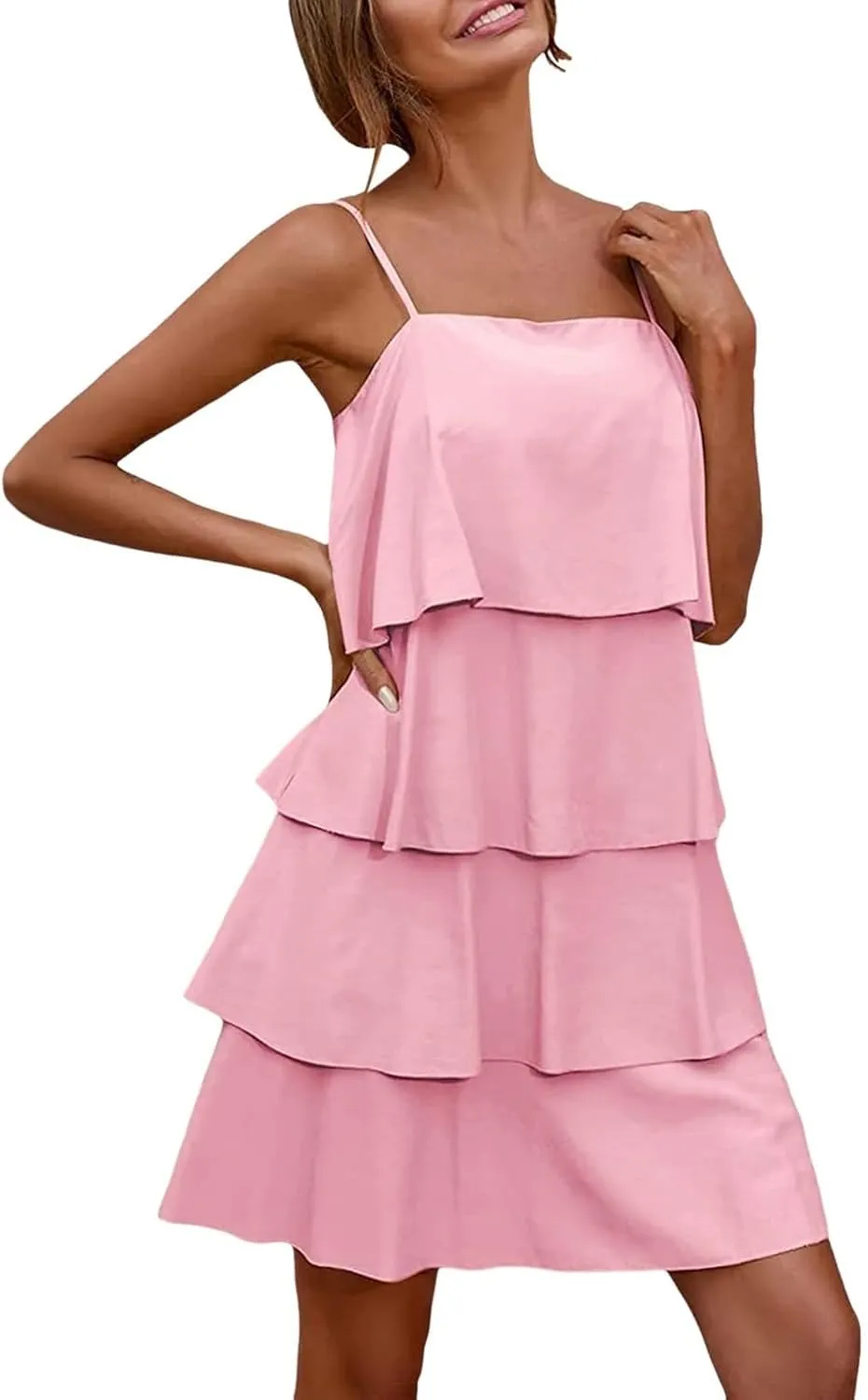 Womens Summer Dresses Square Neck Spaghetti Strap Dress Casual Sleeveless Tiered Aline Dress Flowy Ruffle Mini Dress