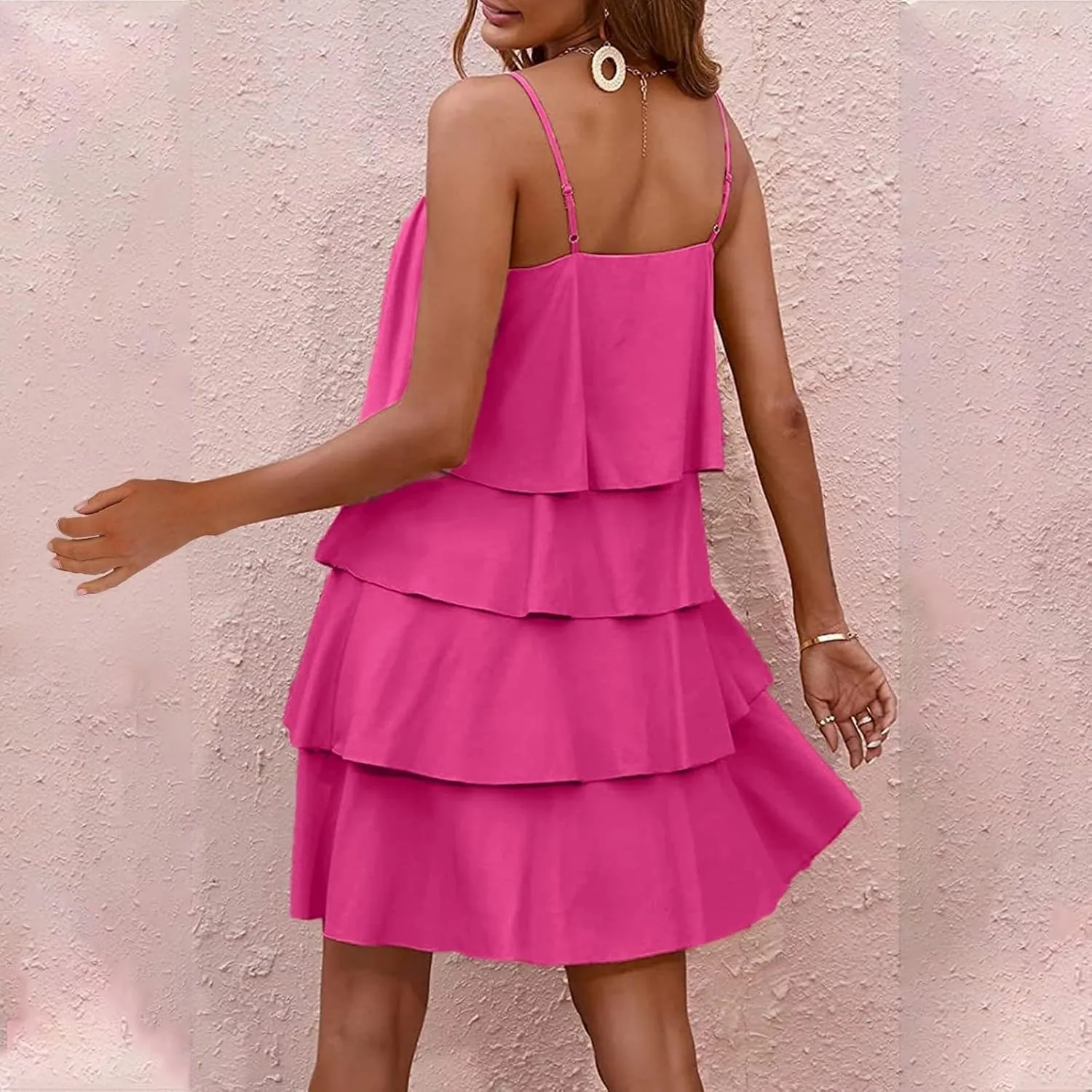 Womens Summer Dresses Square Neck Spaghetti Strap Dress Casual Sleeveless Tiered Aline Dress Flowy Ruffle Mini Dress