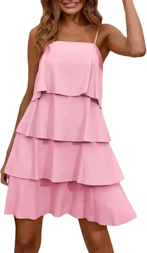 Womens Summer Dresses Square Neck Spaghetti Strap Dress Casual Sleeveless Tiered Aline Dress Flowy Ruffle Mini Dress
