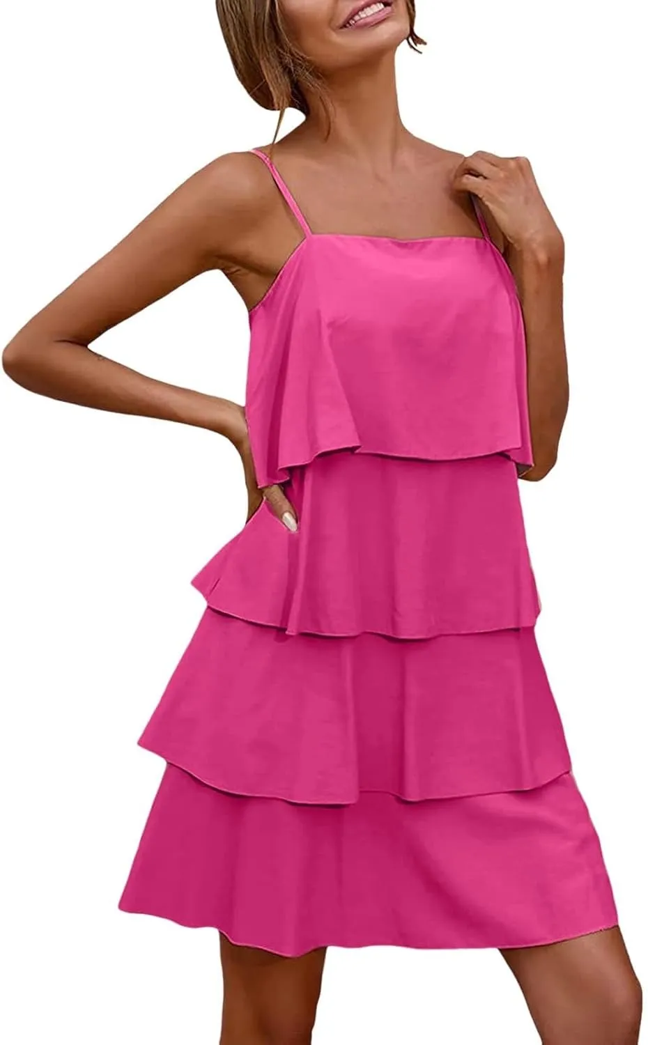 Womens Summer Dresses Square Neck Spaghetti Strap Dress Casual Sleeveless Tiered Aline Dress Flowy Ruffle Mini Dress