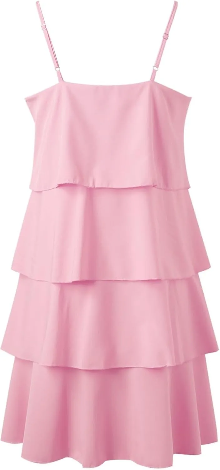 Womens Summer Dresses Square Neck Spaghetti Strap Dress Casual Sleeveless Tiered Aline Dress Flowy Ruffle Mini Dress