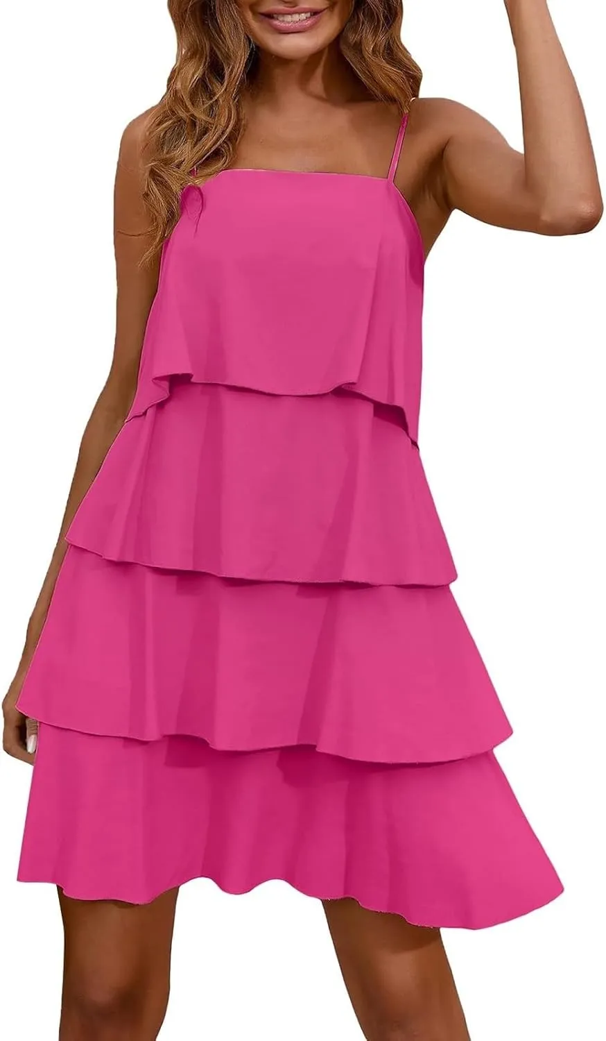 Womens Summer Dresses Square Neck Spaghetti Strap Dress Casual Sleeveless Tiered Aline Dress Flowy Ruffle Mini Dress