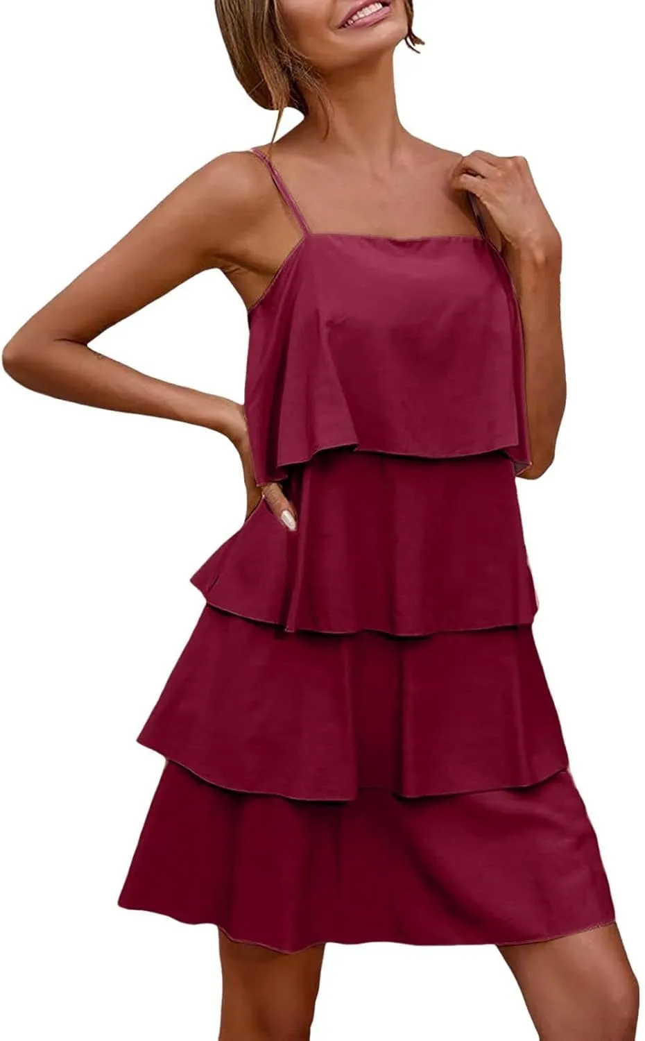 Womens Summer Dresses Square Neck Spaghetti Strap Dress Casual Sleeveless Tiered Aline Dress Flowy Ruffle Mini Dress