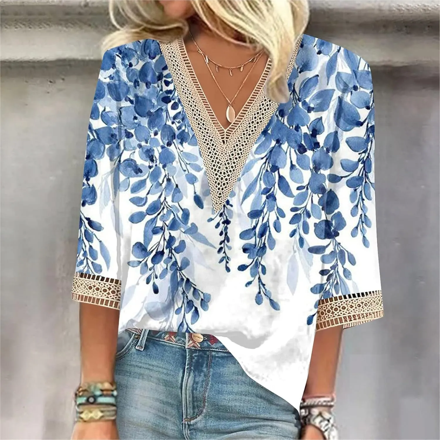 Womens Summer Tops 2023 Ethnic V Neck Fashion Lace Trim Tshirts Printed Comfy 3/4 Sleeve Slim Fit Shirts