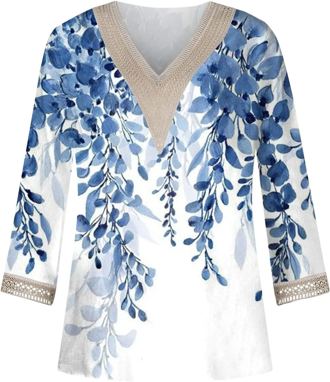 Womens Summer Tops 2023 Ethnic V Neck Fashion Lace Trim Tshirts Printed Comfy 3/4 Sleeve Slim Fit Shirts