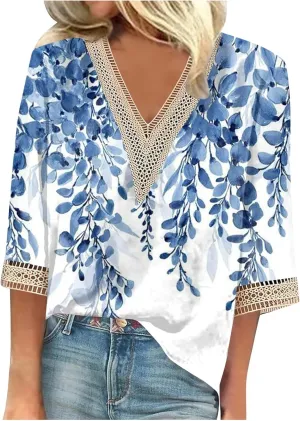 Womens Summer Tops 2023 Ethnic V Neck Fashion Lace Trim Tshirts Printed Comfy 3/4 Sleeve Slim Fit Shirts