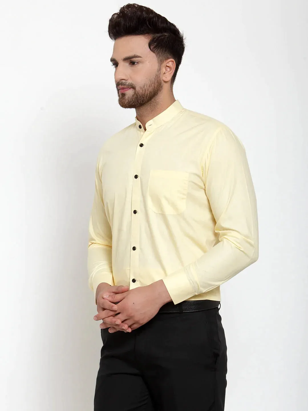 Yellow Men'S Cotton Solid Mandarin Collar Formal Shirts